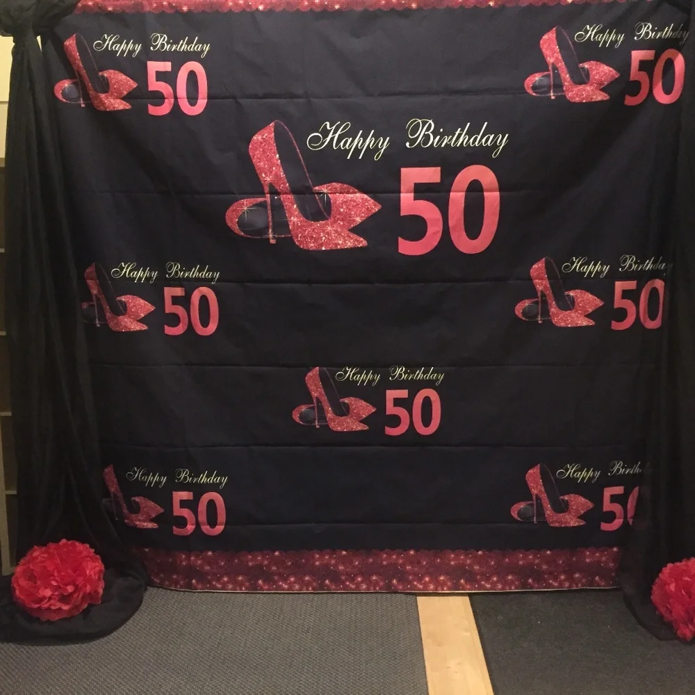 50th Birthday Photo Backdrop Red High Heels 8x8Ft